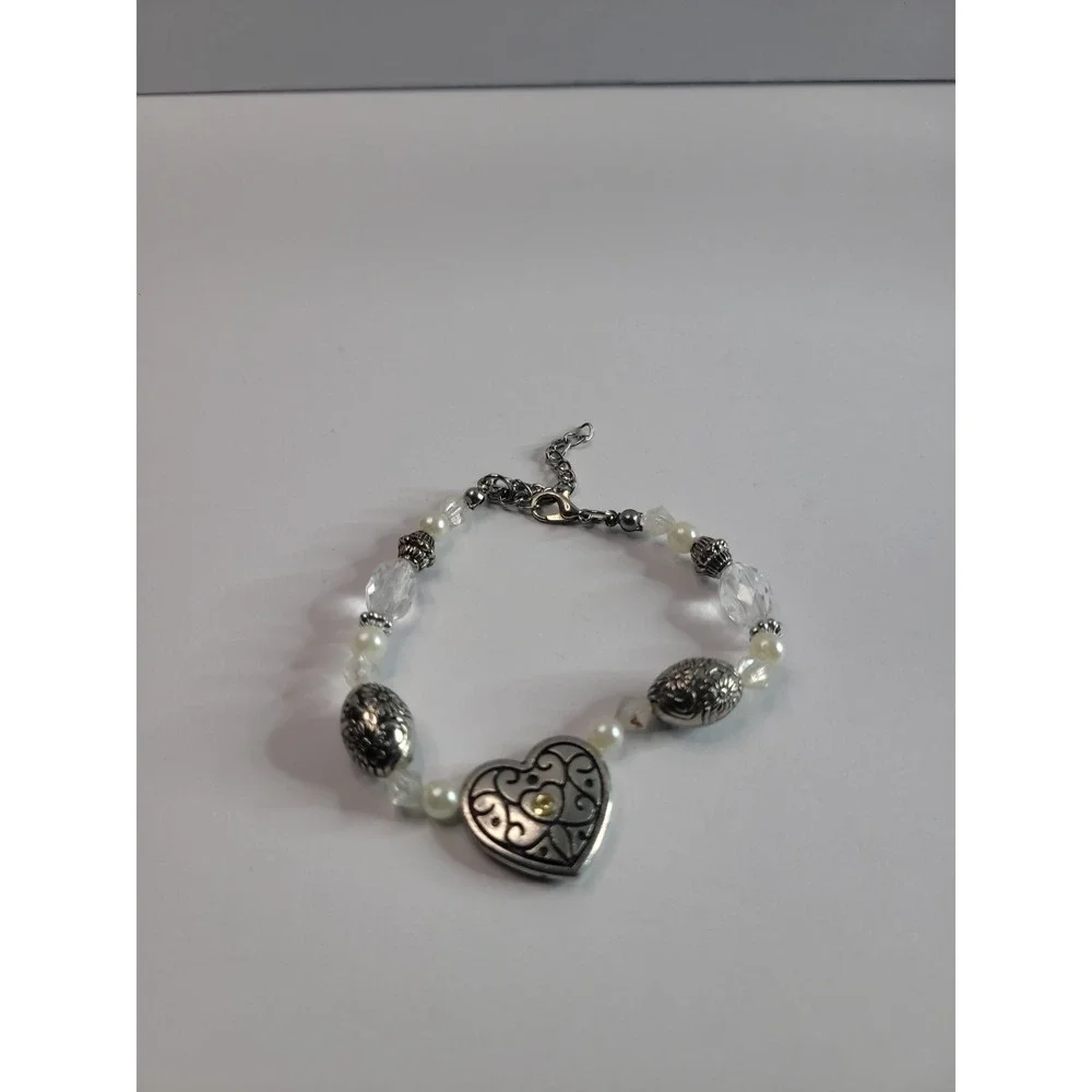 Silver-Tone Heart Charm Beaded Bracelet with Faux Pearls and Clear Faceted Beads